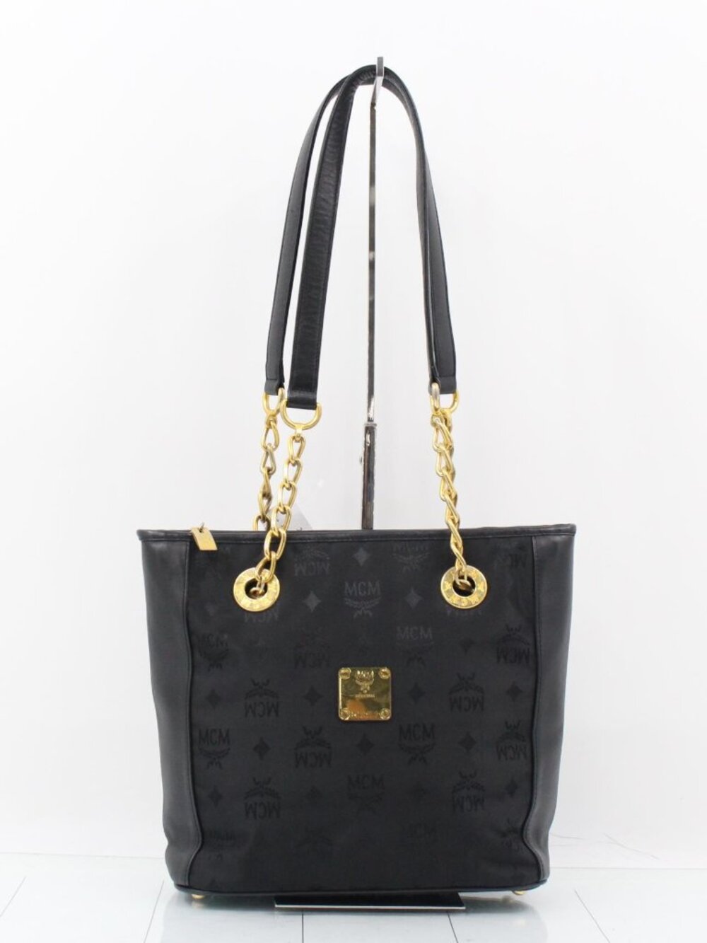 MCM Black Leather & Monogram Tote with Gold Hardware